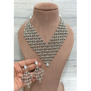 Adorable Premium Quality Brass <b>Silver</b> Plated Zircon CZ <b>Necklace</b> <b>Set</b> Earrings Wedding Gift Party Wear Trendy Jewelry Women - Product Image 1