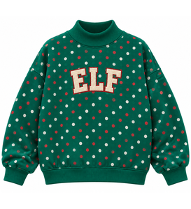 Sudadera de Cuello Alto para Mujer de Alta Calidad, Color Crema, con Estampado de Duende Verde y Apliques de Puntos Verdes, Corte Holgado - Product Image 5