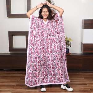 Bollywood Style Floor-Length Sweet <b>Women</b> Summer Floral Block Printed Loose <b>Kaftan</b> Dress Arabian Beach Wear Wholesale - Product Image 1