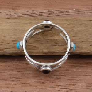 Anillo Sello Vintage para Mujer con Turquesa y Ónix Negro en Engaste de Bisel, Plata de Ley 925, Estilo Retro Turco, Banda Geométrica para Fiesta - Product Image 1