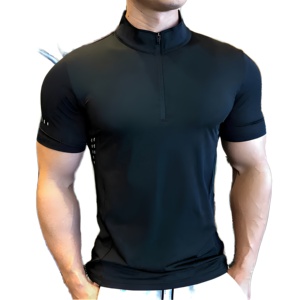 Chemise de sport à manches courtes pour homme, col montant, compression, séchage rapide, coupe ajustée, tricot en polyester, couleur unie - Product Image 1