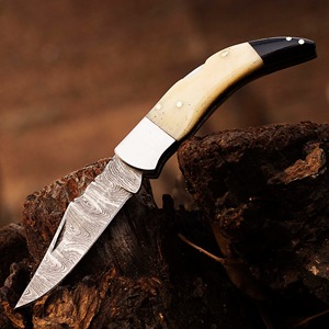 Cuchillo Plegable Artesanal de Grado Industrial/DIY, 7.5 Pulgadas, Acero de Damasco, Mango de Hueso y Cuerno, Clip de Cambio Rápido de 3mm, Punta Recta - Product Image 1