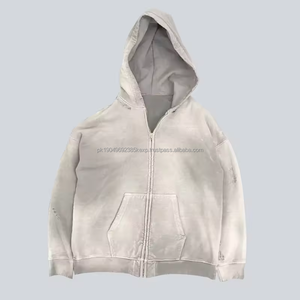 Sweat à capuche marron foncé Sun Faded Vintage Stone Washed Distressed Hoodie 450gsm Heavyweight Zip Up sweats à capuche lavés à l'acide - Product Image 4