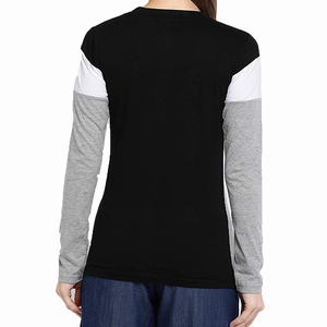 T-shirt à manches longues pour femme, col rond, color-block, coupe classique, tricoté, décontracté, 100% coton mélangé, gris, blanc, noir - Product Image 2