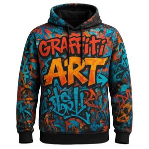 Sudadera con Capucha Extra Grande para Hombre, Diseño de Graffiti, Impresión Digital Informal, Color Negro, 100% Poliéster, Bolsillo Tipo Canguro, Cordón Ajustable, para Invierno - Product Image 1