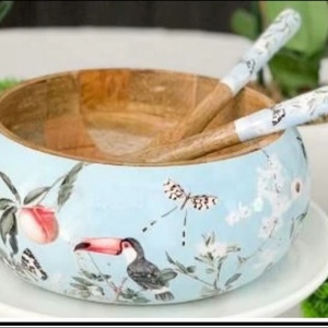 Bol à fruits décoratif en bois de manguier avec motif imprimé en émail |   Bol à salade moderne de luxe fait main, résistant au four, pour la cuisine et la salle à manger - Product Image 1