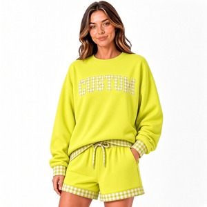 Ensemble deux pièces personnalisé à bordure écossaise en molleton doux de coton, tenue décontractée assortie (sweat-shirt et short) – Vente en gros OEM ODM - Product Image 1