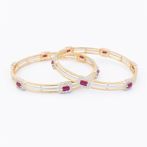 Bracelets joncs classiques vintage en alliage plaqué or avec diamants américains et rubis ronds taille brillant, 2 pièces, pour femmes - Product Image 2