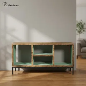 Rustic Wooden Iron <b>Media</b> Cube Rack with Open Compartments and Metal Legs for Living Room <b>Storage</b> - Product Image 5