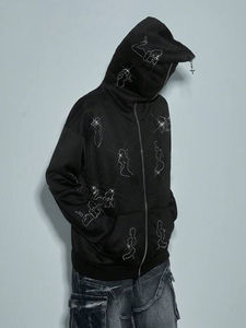 Sweat à capuche noir à coupe classique avec strass pour homme, veste streetwear zippée, motif artistique en cristal, fermeture éclair intégrale, style gothique Y2K, 100% coton, hiver - Product Image 6