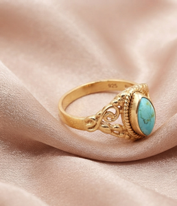 Anillo Boho Hecho a Mano con Turquesa Azul Marquesa Natural, Plata de Ley 925, Chapado en Oro Amarillo y Oro Rosa de 18k, Regalo - Product Image 2