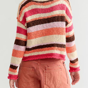 Custom Made Women's Striped Knitted Crop Sweater Crew Neck Full Sleeve Acrylic Pullover Autumn Casual Style Hand Knitted Sweater - Product Image 2