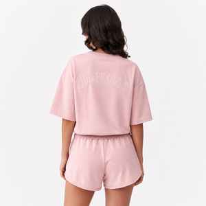 Ensemble T-shirt court rose et short pour femme, col rond, manches courtes, coupe ample, imprimé lettres, 100 % coton, idéal printemps-été - Product Image 3