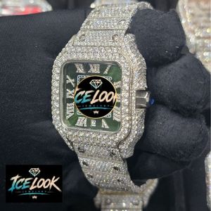 Montre de luxe Ice Look en acier inoxydable à quartz, cadran carré, chiffres romains, lunette en cristal, affichage de la date verte, étanche, 20 mm, tendance - Product Image 2