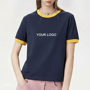 <b>Top</b> Trending Women's <b>Navy</b> Blue T-Shirt With Yellow Trim Crew Neck Short Sleeve Loose Fit 100% Cotton Casual Spring Summer Wear - Product Image 4