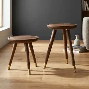 Midcentury Modern Round Wood <b>Nesting</b> Coffee <b>Tables</b> Set of 2 With Metal Leg Caps Natural Finish - Product Image 5