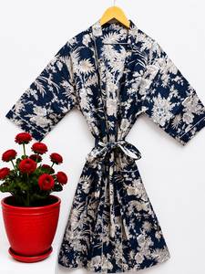 Bata de Baño de Lujo para Mujer, con Estampado Floral, Tejida, Cuello en V, con Cordón Ajustable, Manga 3/4, Largo hasta el Tobillo, 100% Algodón, Transpirable, Informal, para Verano - Product Image 2