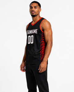 Maillot de basket-ball personnalisé pour homme, noir et rouge, col en V, sans manches, sublimé, respirant, vêtements de sport pour équipe adulte - Product Image 2
