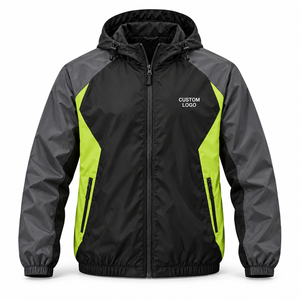 Veste coupe-vent color block avec empiècements noir, anthracite et vert citron, logo personnalisé, à capuche, entièrement zippée, pour tenue d'équipe extérieure, OEM, vente en gros - Product Image 1