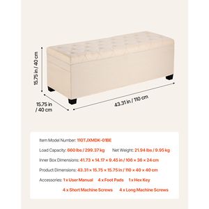 Banc de rangement capitonné avec cadre métallique, coffre relevable en lin rembourré, pour le bout du lit ou comme sacs de rangement latéraux - Product Image 3