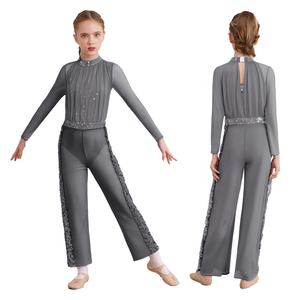 6-16 Kids Girls Figure Skating Modern <b>Dance</b> Costume Leotard With Wide-Leg <b>Pants</b> Sets For Figure Skating Performances Dancewear - Product Image 4