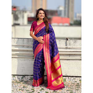 Sari en soie douce à carreaux, tissé contrastant violet traditionnel Zari, élégant pour les occasions festives - Product Image 1