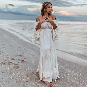 <b>Women</b> off Shoulder White Boho Maxi <b>Dress</b> Flowy Long Beach with Tassel Sleeves Natural Washable Summer Resort Wear - Product Image 1