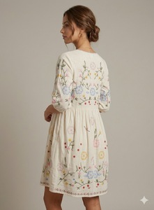 Vestido Mini de Algodón con Cuello en V y Manga Corta, Diseño Sólido, Holgado, Informal, para Fiesta, con Detalle Floral y Bolsillo - Product Image 2