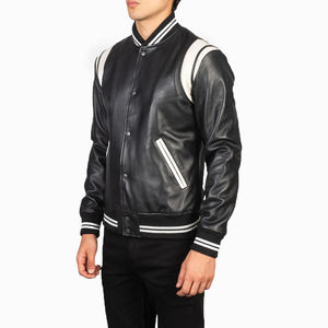 <b>Men's</b> Premium Black Leather Varsity Bomber <b>Jacket</b> with Detachable Sleeves | Custom OEM Manufacturer Custom Leather Baseball Jack - Product Image 6