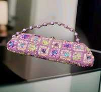 Pochette de Soirée Designer Double Face en Cristal Broderie Carrée Personnalisable Rangement Bijoux Pompons Perles Légère Moderne