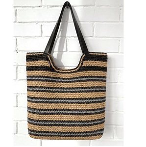 Sac fourre-tout en crochet rayé noir beige gris style bohème à ouverture supérieure pour femme toutes saisons - Product Image 1