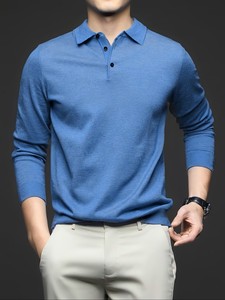 Pull en maille polyester/coton pour homme, léger et respirant, service OEM, couleur unie, col à revers, manches longues, couche de base décontractée pour le printemps - Product Image 3