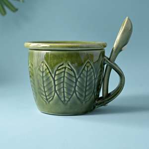<b>Green</b> Bliss Ceramic Cup Set of 4 200/300ml <b>Microwave</b> Safe Milk Mugs with Tray Featuring Unique Pattern and Logo - Product Image 4