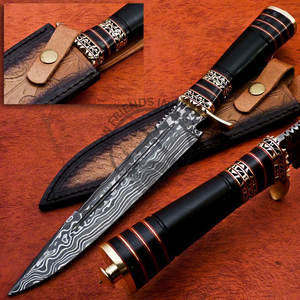 Couteau de chasse en acier Damas personnalisable, neuf, avec manche en corne de buffle et laiton, lame fixe, couteau tactique de camping, couteau de survie - Product Image 2