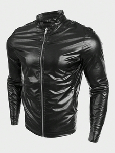 Chaqueta de Cuero Negra Personalizada para Hombre, con Cierre, Cuello Alto, Diseño Unisex, Chaqueta de Cuero Personalizable para Hombre - Product Image 3