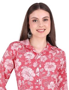 Ensemble Kurta en coton floral SAZU avec pantalon à imprimé chevron, Kurti long élégant à col chemise pour femme, tenue ethnique à imprimé floral - Product Image 4