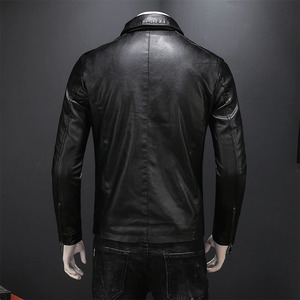 Blouson en cuir PU noir pour homme, style motard, col montant, respirant, fermeture éclair, coupe ajustée, longueur standard, couleur unie, hiver - Product Image 3