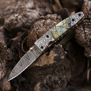 Couteau de poche pliant artisanal en acier Damas OEM, manche en résine noire, couteau utilitaire forgé pour l'extérieur - Product Image 3