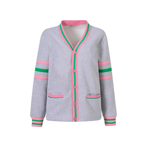 Custom Sorority Heather Grey Fleece <b>Cardigan</b> V-Neck Unisex Fit for B2B Wholesale Apparel Buyers and Wholesale Brand Sourcing - Product Image 1