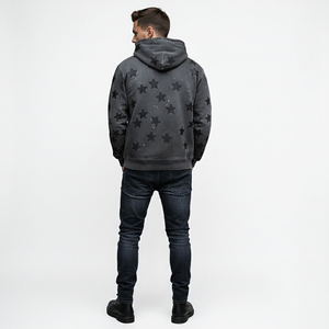 เสื้อฮู้ดดี้สตรีทแวร์ผ้าฝ้ายแท้ 100% ทรงโอเวอร์ไซส์ สไตล์วินเทจ สีเทา แต่งลายปักดาว ดีไซน์ยีนส์ฟอกสีแบบ Y2K - Product Image 4