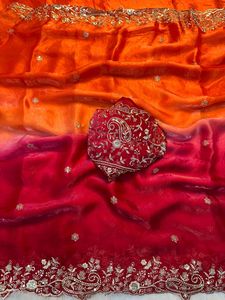 AARA Fashion Orange Pink Silk <b>Saree</b> Embroidered <b>Blouse</b> for Wedding Women Traditional Indian Sari Floor Length Regular Fit Sun - Product Image 5