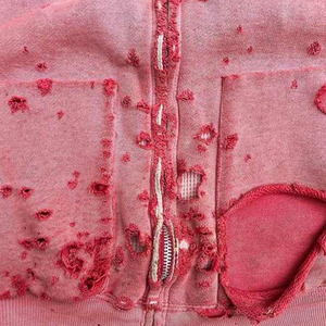 <b>Pink</b> Oversized Hooded <b>Sweatshirt</b> With Ripped Cut Out Design Washed Cotton French Terry Unisex Autumn Style - Product Image 4
