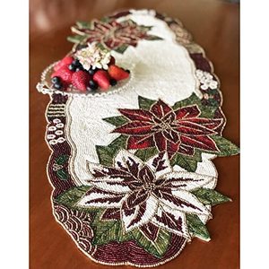 Embroidered Floral Table <b>Runner</b> Red Green White Poinsettia Pattern Traditional Home Decor <b>Washable</b> - Product Image 1