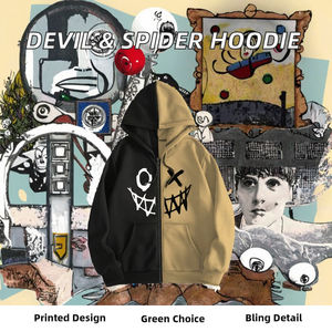 Sweat à capuche pour homme Hip Hop motif Petit Diable et Araignée, 100% Coton, Cardigan zippé, Design orné de strass, Coupe ample, Style Printemps - Product Image 3