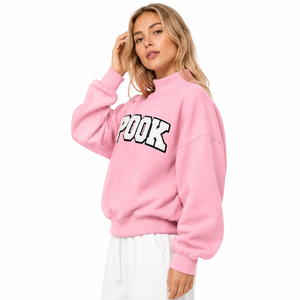 Pink Custom Womens Oversized Mock Neck Sweatshirt Chenille Embroidered Fleece Pullover Loose Fit OEM ODM Greek Letter Sweatshirt - Product Image 2