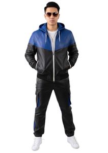 Designer Men's Royal Blue and Black Leather Athleisure Tracksuit with Full-Zip Hooded <b>Jacket</b> - Product Image 3