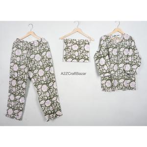 Conjunto de Pijama de Algodón Floral Hecho a Mano al por Mayor para Mujer, Suave, Cómodo, Cuello Redondo, Elegante, Transpirable, Manga Larga - Product Image 1