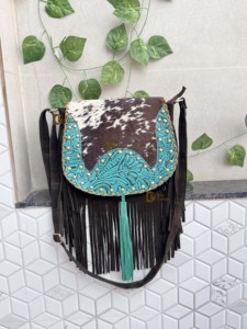 กระเป๋าถือสตรีหนังวัวสไตล์ตะวันตกกระเป๋าถือมีขอบสีเทอร์ควอยซ์แกะสลักขอบกระเป๋าแบบโบฮีเมียน - Product Image 2