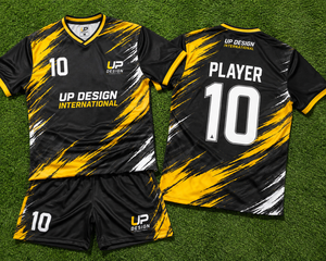 ชุดเสื้อฟุตบอลสีดำเหลืองแบบกำหนดเอง, เสื้อและกางเกงฟุตบอลแบบซับลิเมชั่นสำหรับผู้ชาย, ชุดกีฬาทีมขายส่งจากโรงงาน - Product Image 6