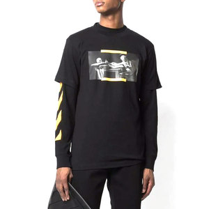 Camiseta Negra de Manga Larga para Hombre con Estampado Fotográfico, Ribete en Contraste, Corte Holgado, Estilo Urbano, Cuello Redondo, 100% Algodón Jersey - Product Image 1